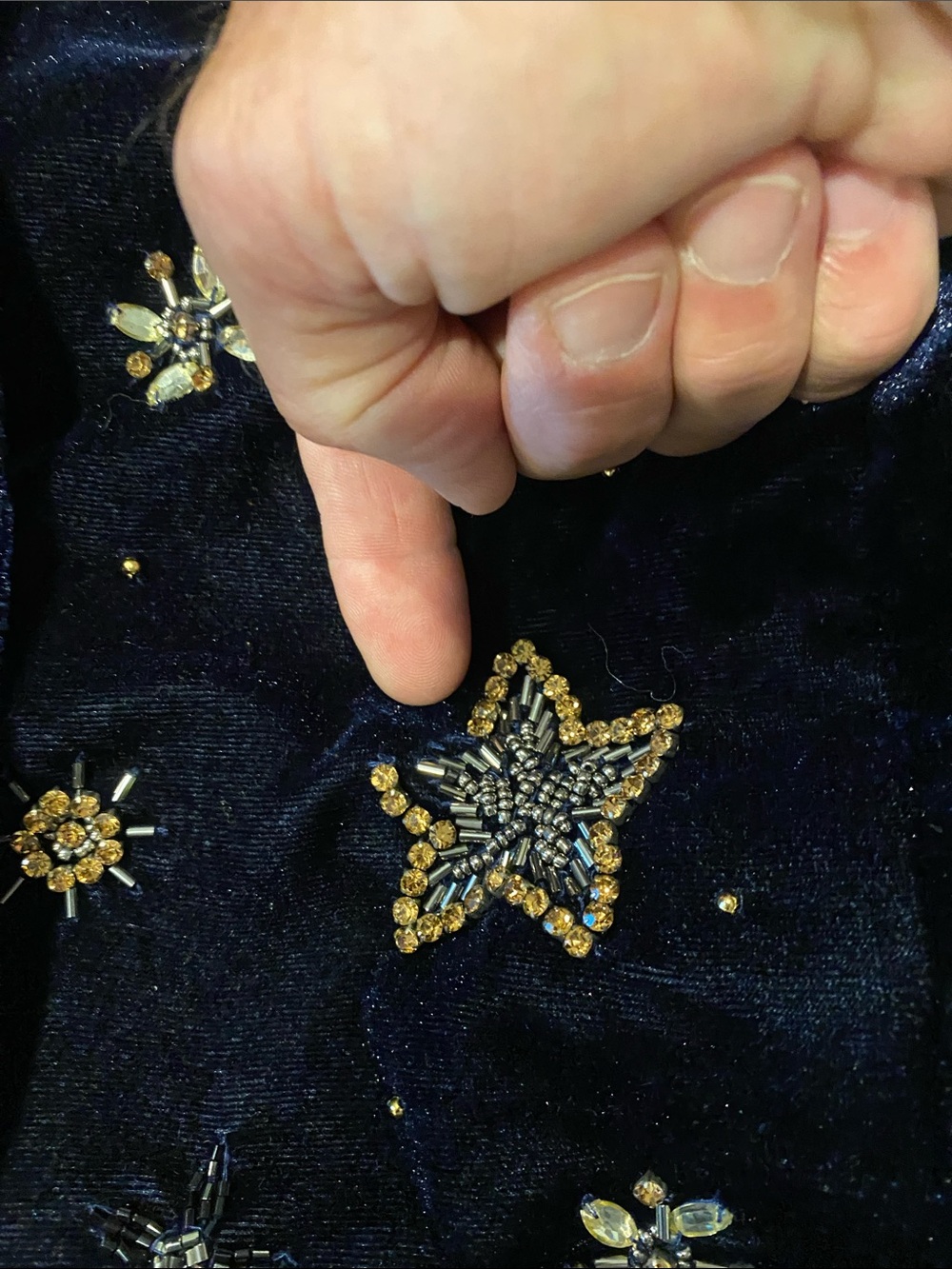 House of Skye Embellished Velvet Bomber Jacket in Navy with Metallic Accents - Picture 6 of 7